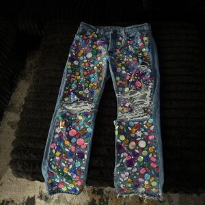 Embellished Straight Leg Jeans with Multicolor Accents